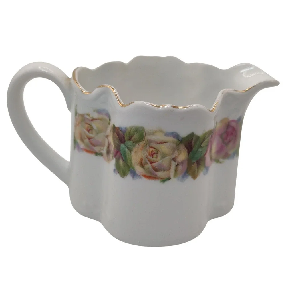 Antique‎ Z S Co Bavaria Creamer Porcelain Pitcher Pink Cabbage Rose Pattern Gilt